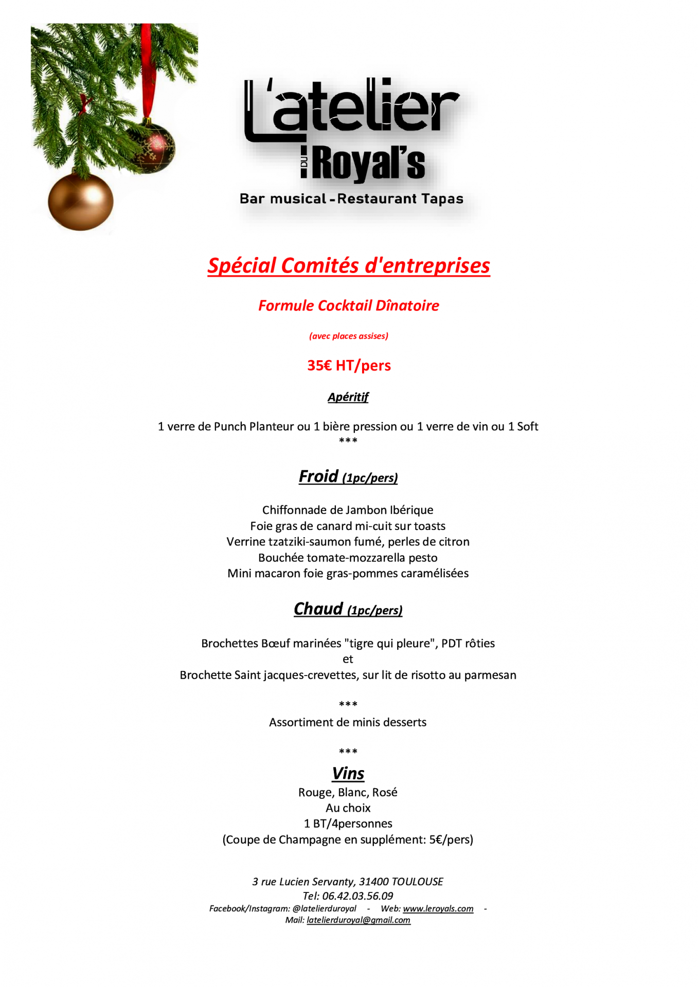 Formule cocktail dînatoire 35€/pers - L'atelier du Royal